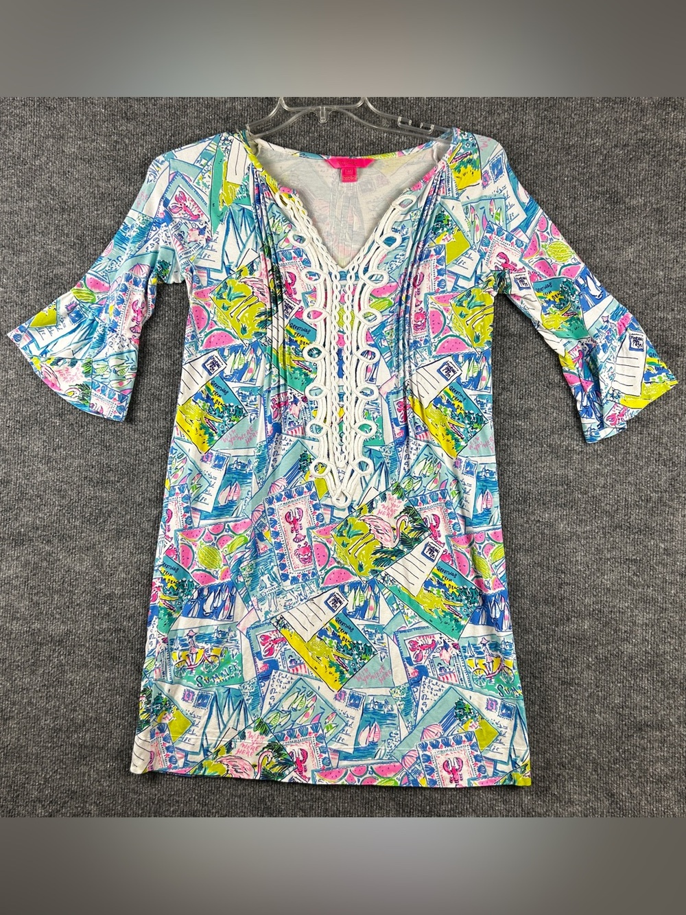 Lilly Pulitzer Krysta Tunic Dress Size XXS Wish You Were Here Postcard Soutache